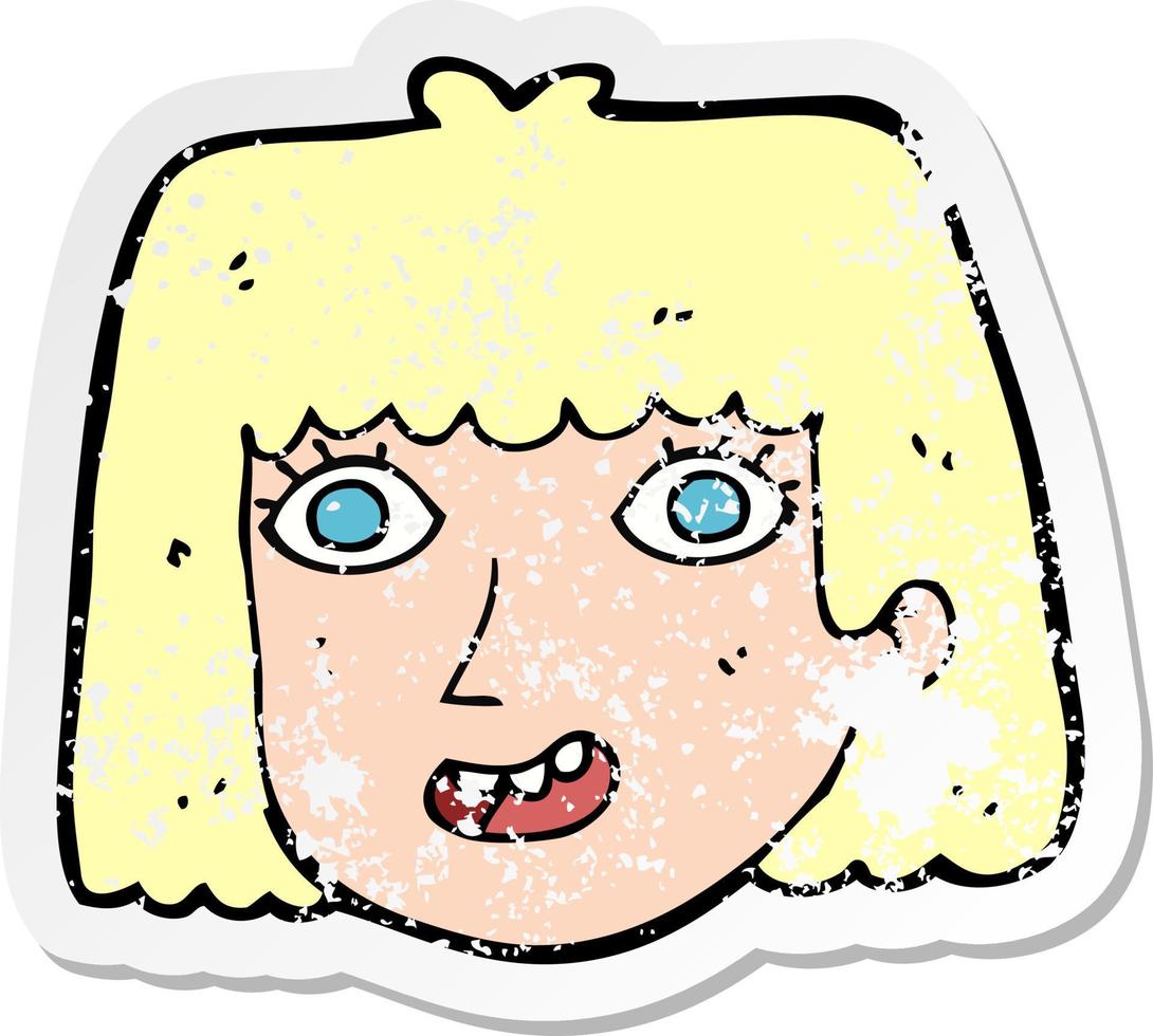 retro distressed sticker of a cartoon happy female face vector