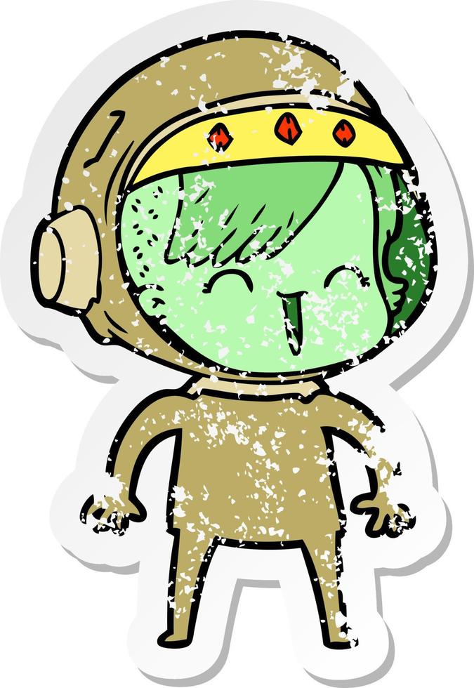 distressed sticker of a happy cartoon space girl vector