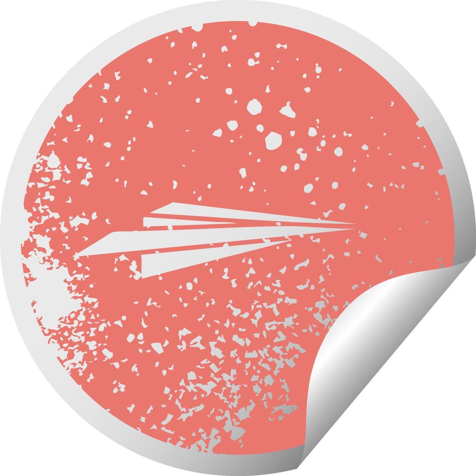 distressed circular peeling sticker symbol paper aeroplane vector