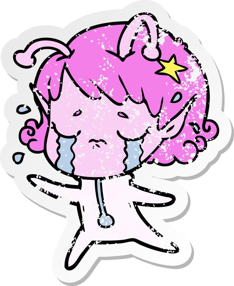 distressed sticker of a cartoon crying alien girl vector