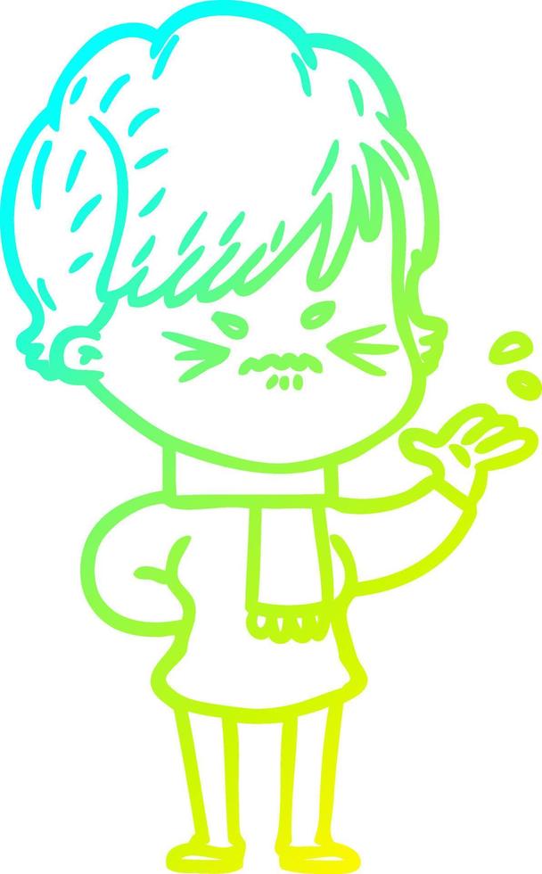 cold gradient line drawing cartoon frustrated woman vector