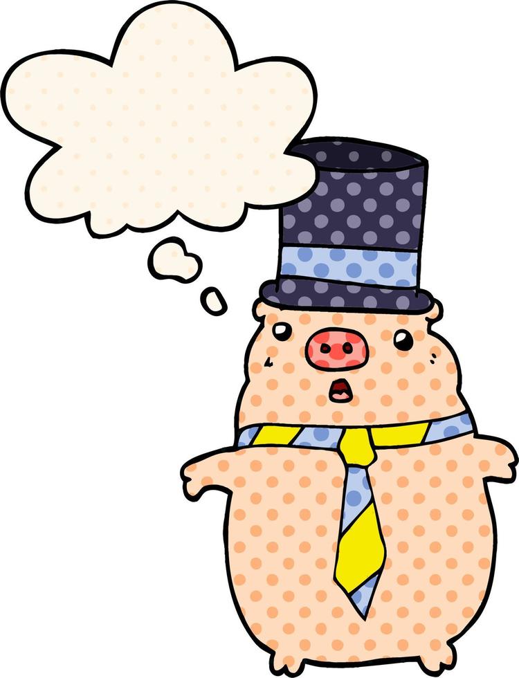 cerdo de negocios de dibujos animados y burbuja de pensamiento al estilo de un libro de historietas vector