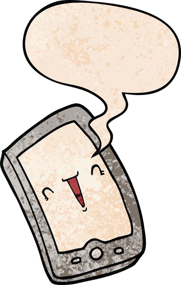 cute cartoon mobile phone and speech bubble in retro texture style vector
