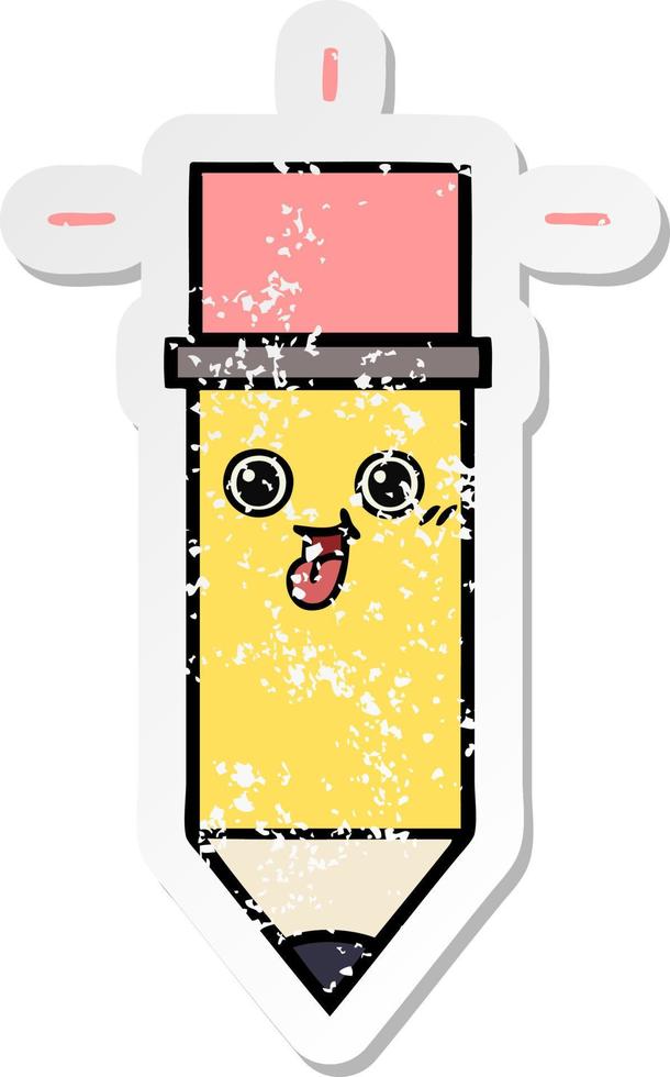 distressed sticker of a cute cartoon pencil vector