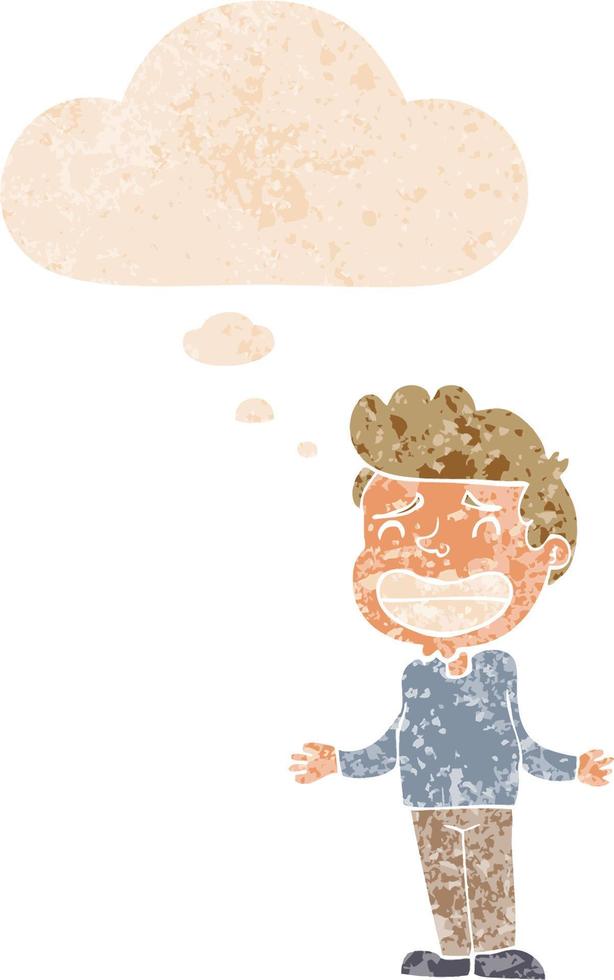 cartoon boy shrugging and thought bubble in retro textured style vector