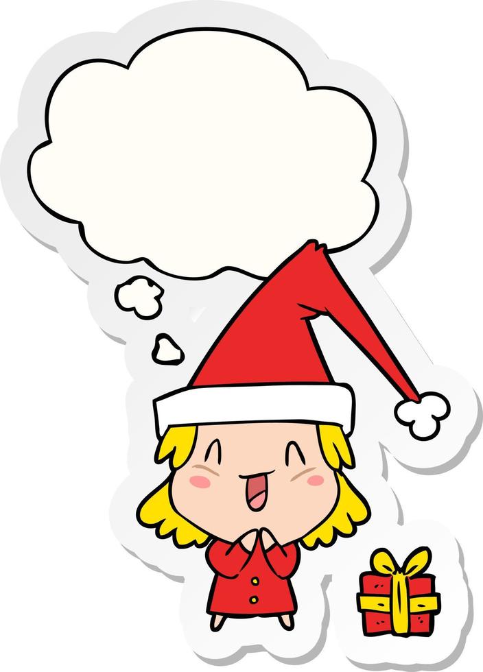 caricatura, niña, llevando, navidad, sombrero, y, pensamiento, burbuja, como, un, pegatina impresa vector