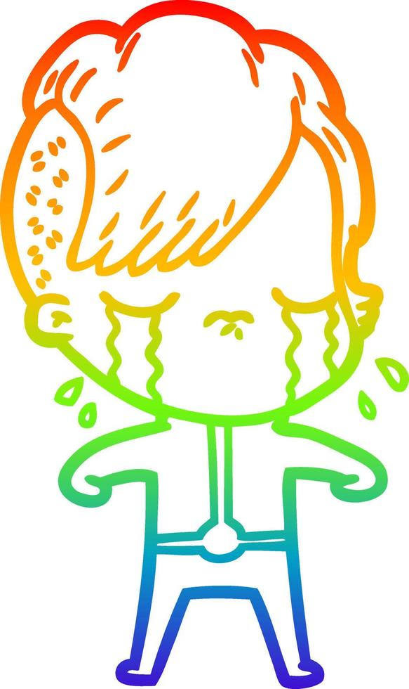 rainbow gradient line drawing cartoon crying girl vector