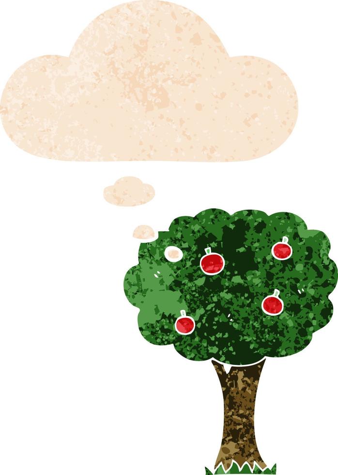 cartoon apple tree and thought bubble in retro textured style vector