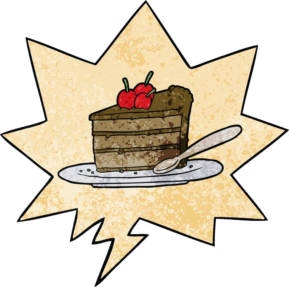 cartoon expensive slice of chocolate cake and speech bubble in retro texture style vector