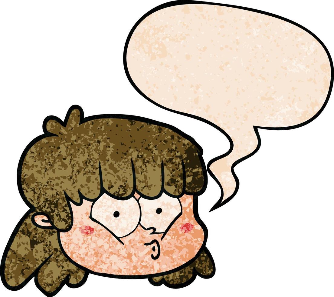 cartoon female face and speech bubble in retro texture style vector