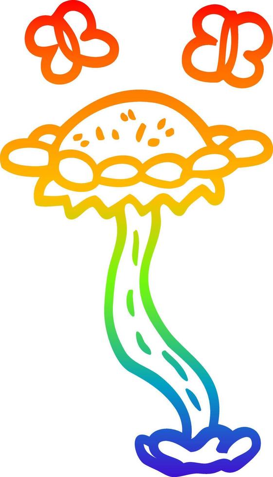 rainbow gradient line drawing cartoon flower and butterflies vector