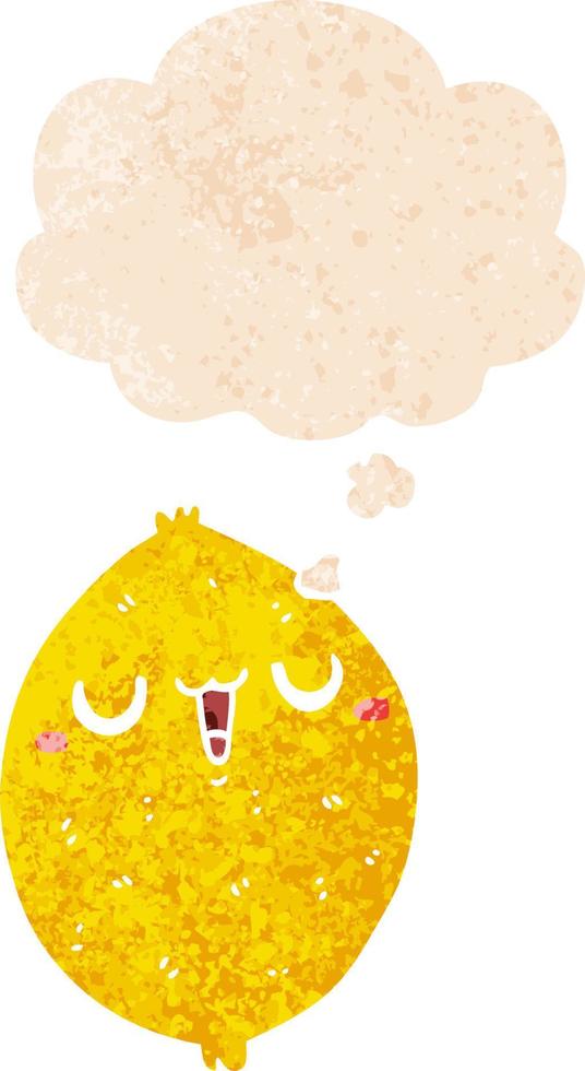 cartoon happy lemon and thought bubble in retro textured style vector