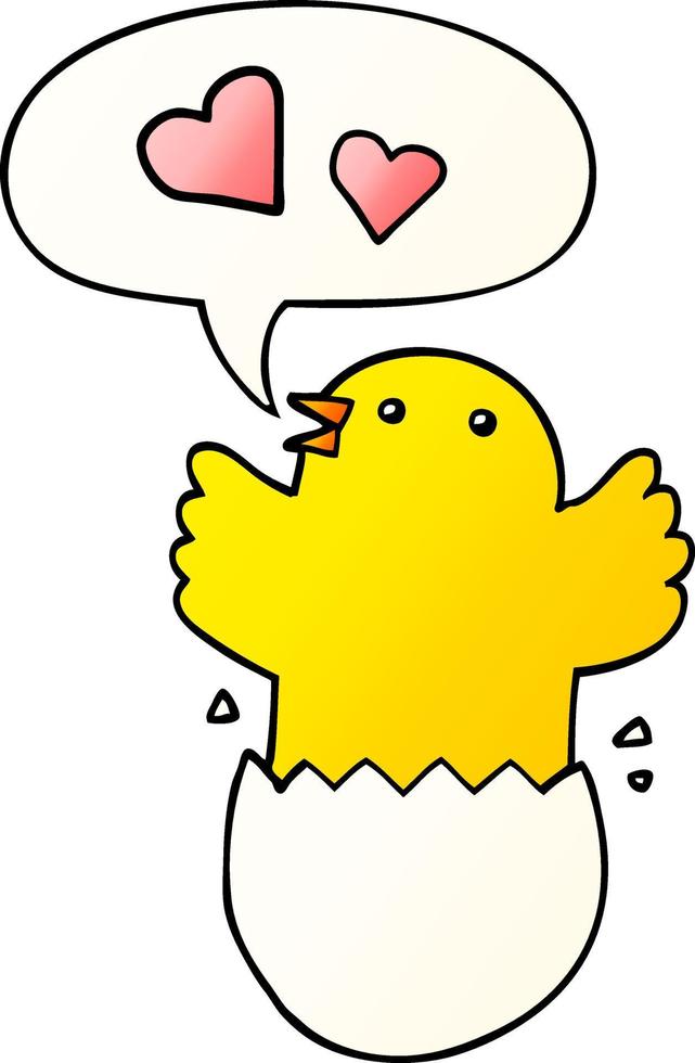 cute hatching chick cartoon and speech bubble in smooth gradient style vector