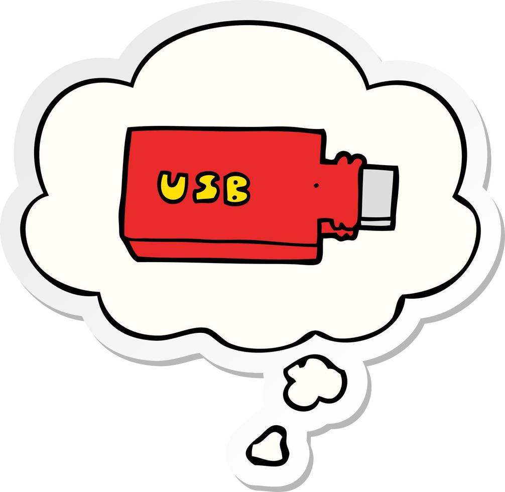 cartoon flash drive and thought bubble as a printed sticker vector