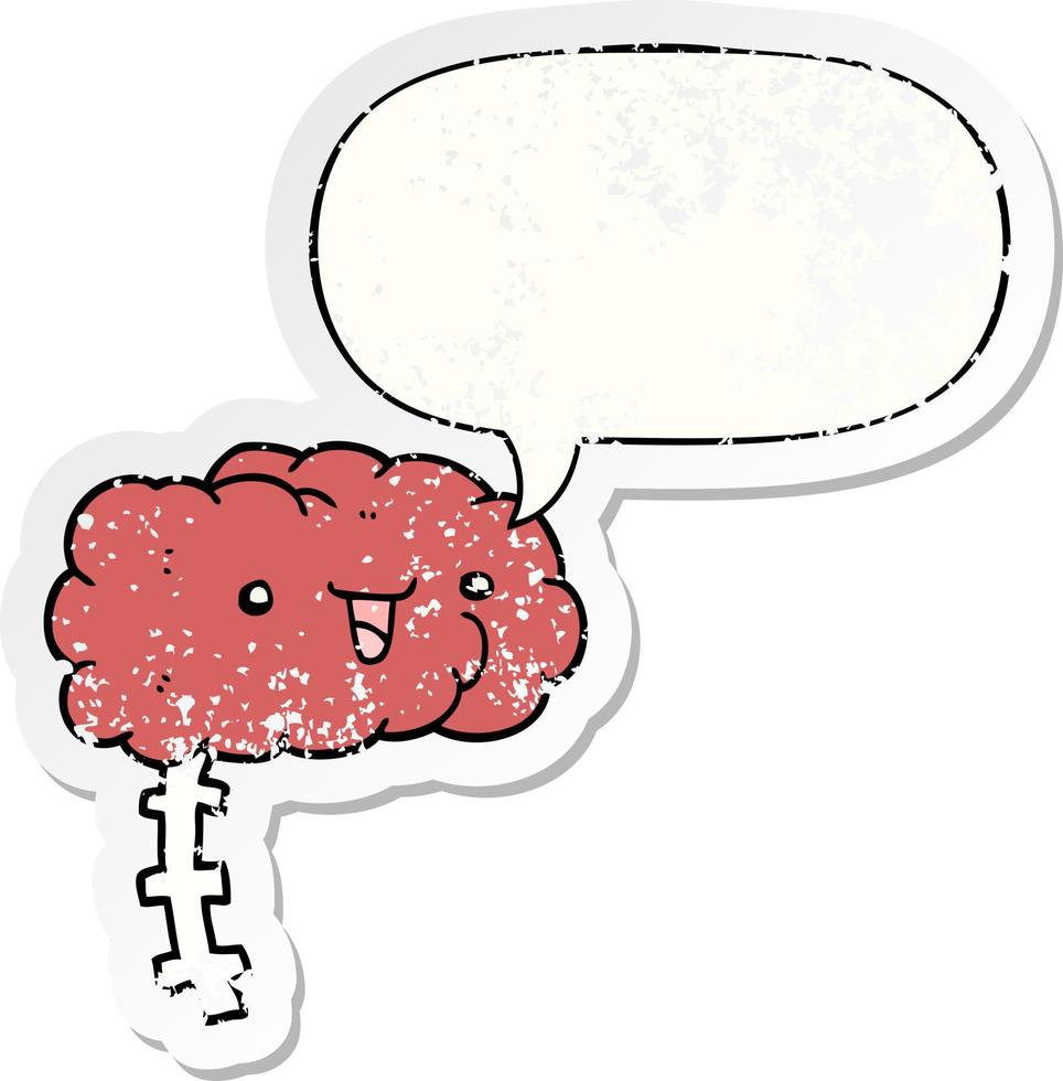 happy cartoon brain and speech bubble distressed sticker vector