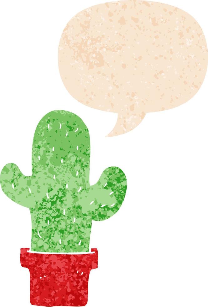 cartoon cactus and speech bubble in retro textured style vector