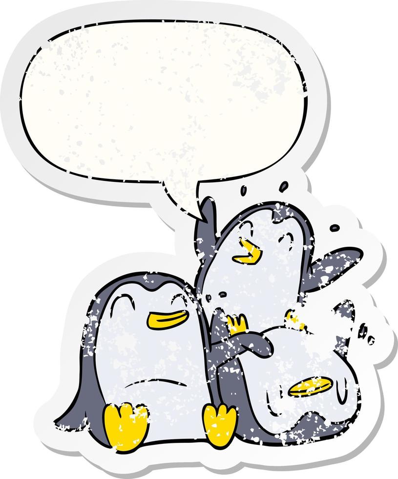 cartoon happy penguins and speech bubble distressed sticker vector