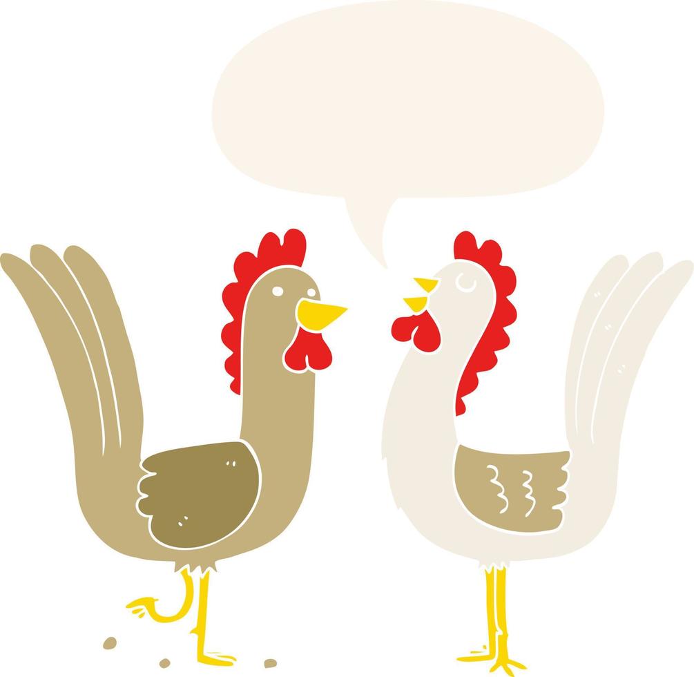 cartoon chickens and speech bubble in retro style vector