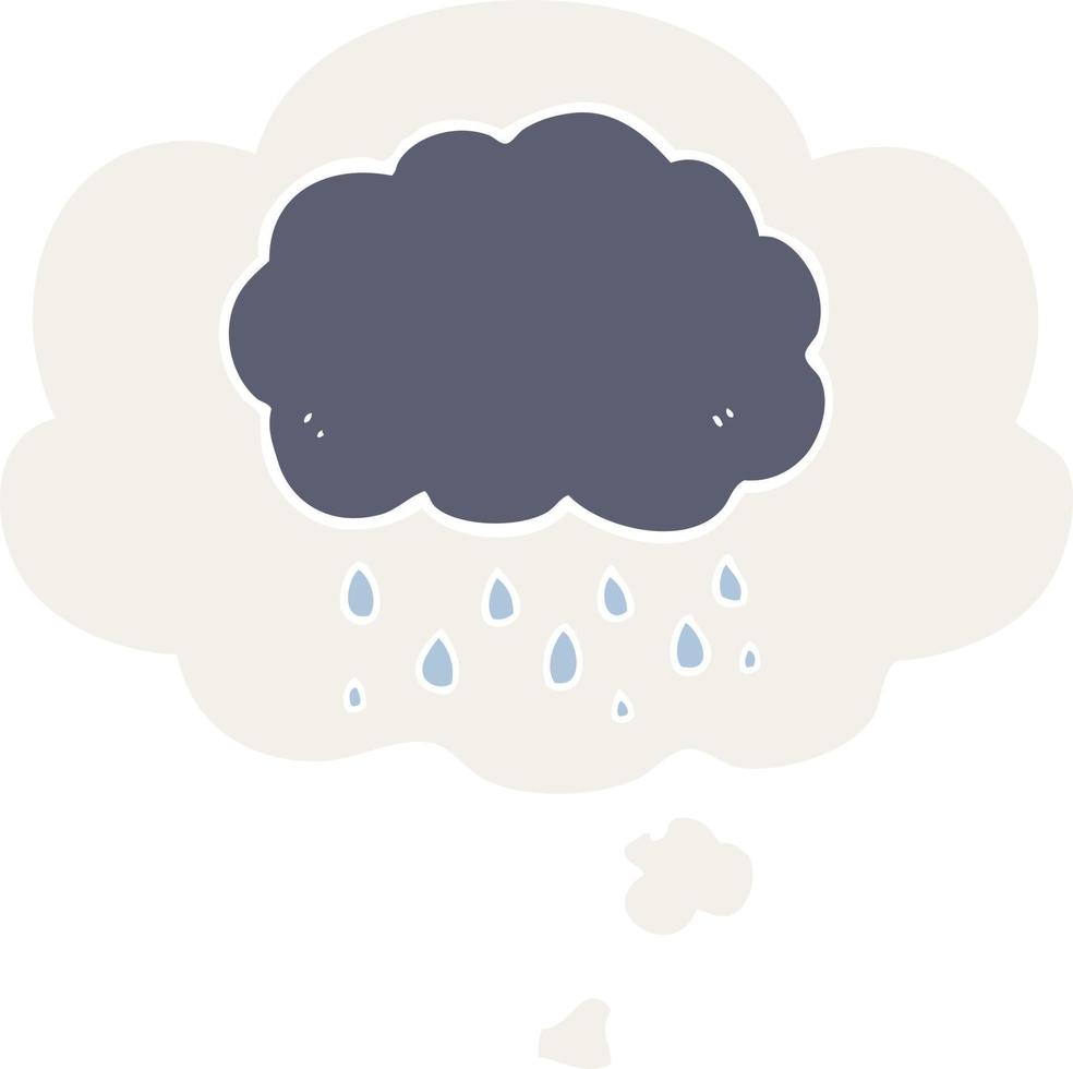 nube de dibujos animados lloviendo y burbuja de pensamiento en estilo retro vector