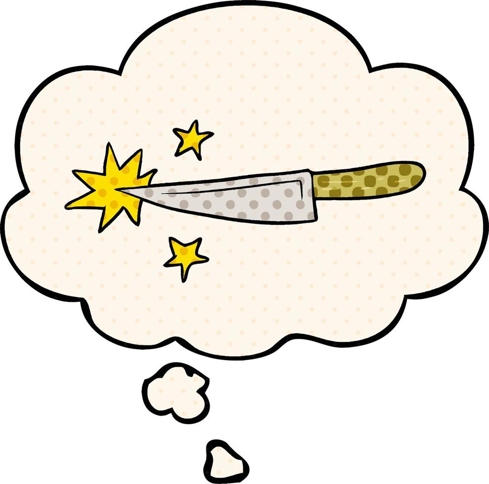 cartoon sharp kitchen knife and thought bubble in comic book style vector