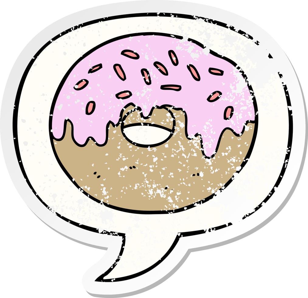 donut de dibujos animados y etiqueta engomada angustiada de la burbuja del discurso vector