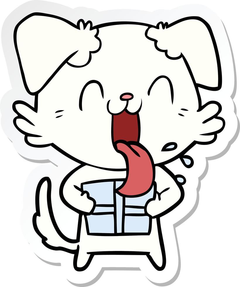 sticker of a cartoon panting dog with present vector