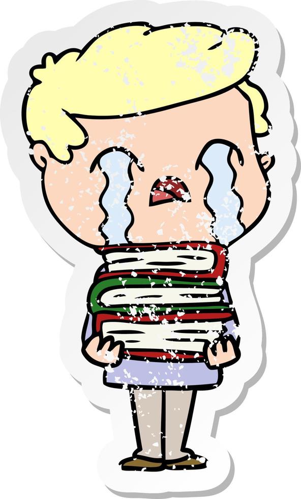 distressed sticker of a cartoon man crying over stack of books vector
