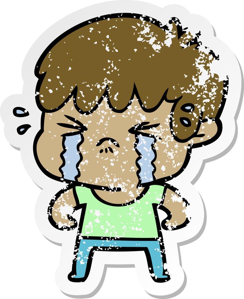 distressed sticker of a cartoon boy crying vector