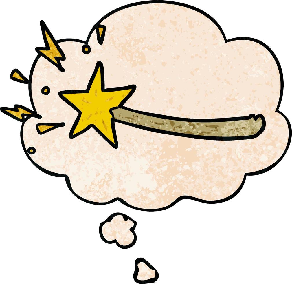 cartoon magic wand and thought bubble in grunge texture pattern style vector