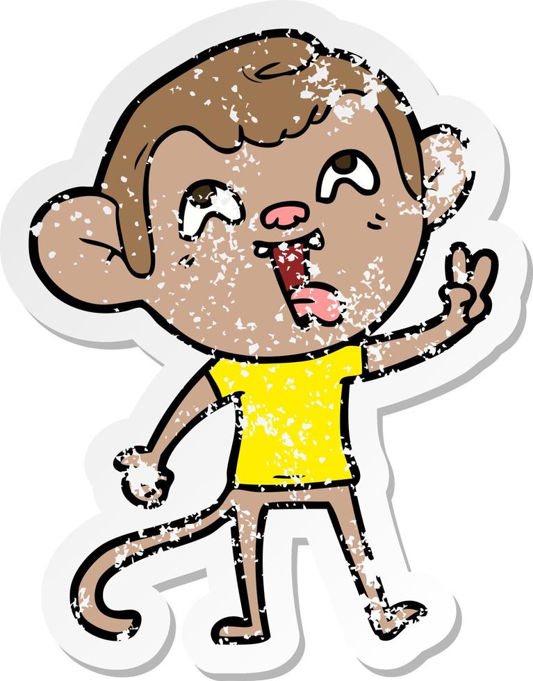 distressed sticker of a crazy cartoon monkey giving peace sign vector