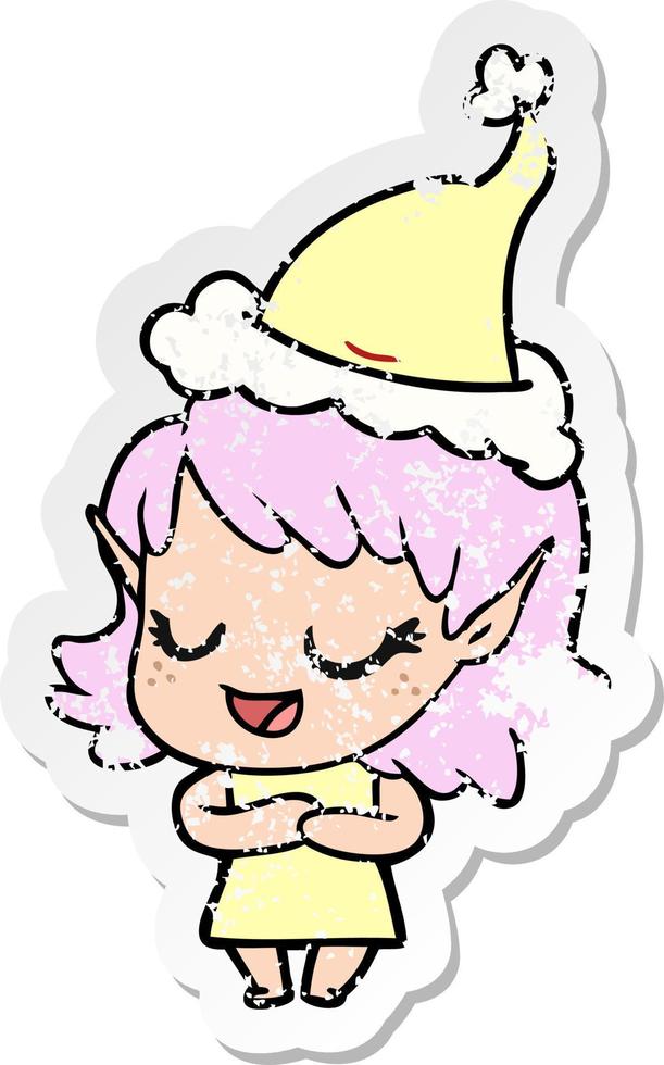 happy distressed sticker cartoon of a elf girl wearing santa hat vector