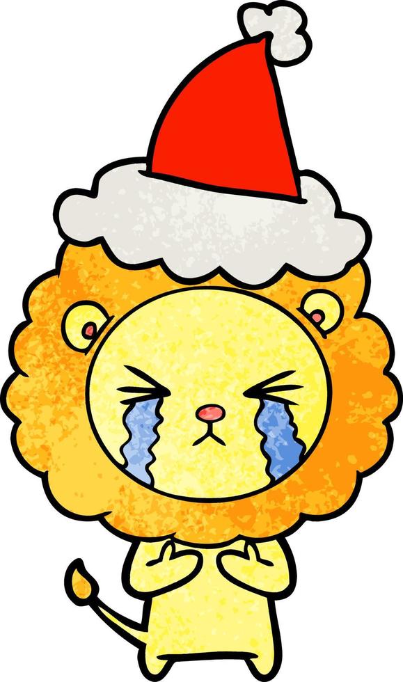 textured cartoon of a crying lion wearing santa hat vector