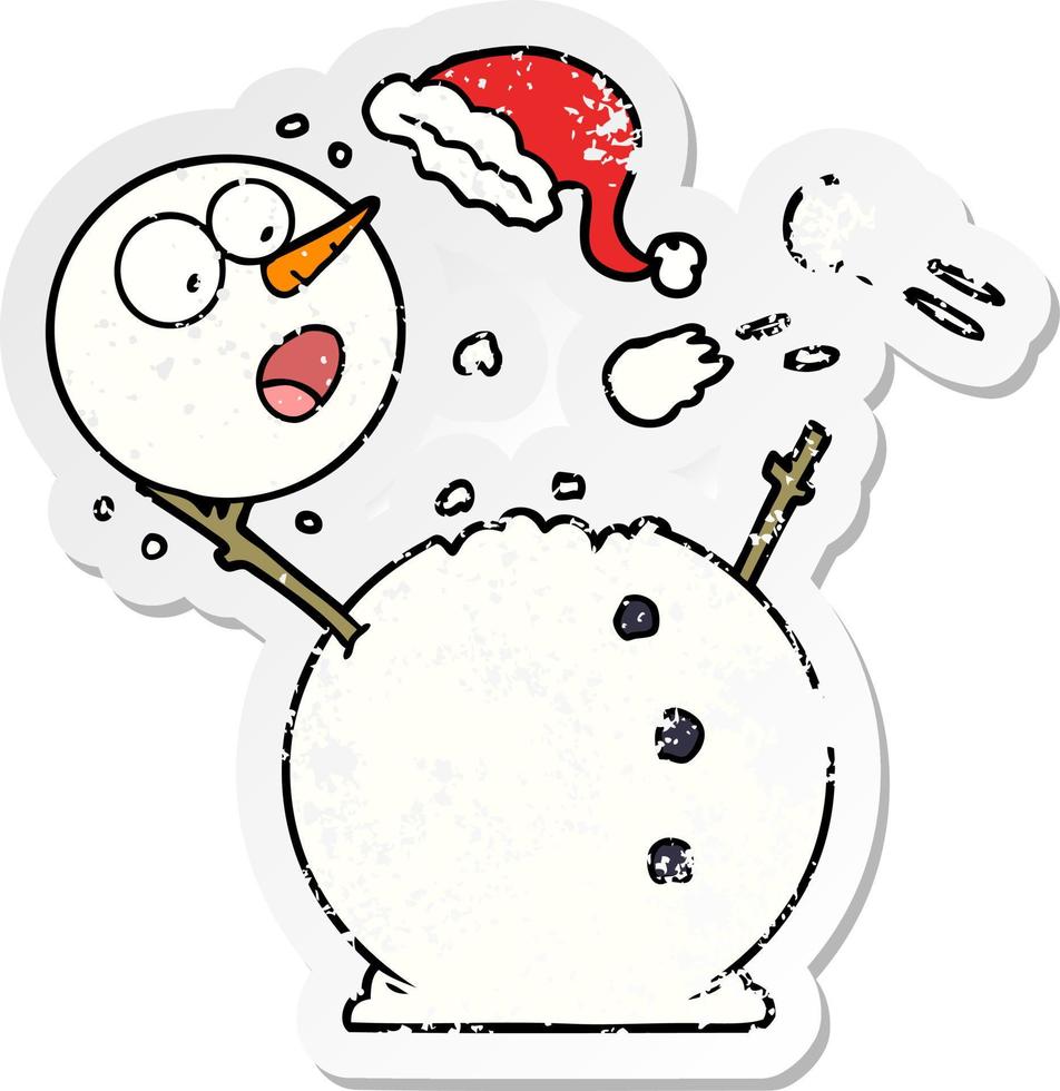 distressed sticker of a snowman in snowball fight vector