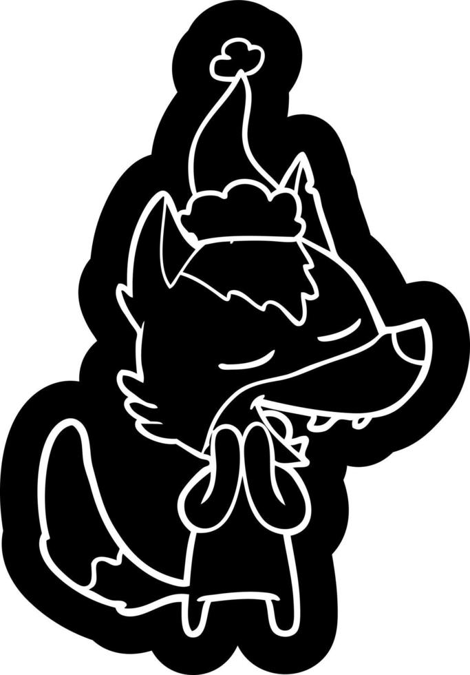 cartoon icon of a wolf laughing wearing santa hat vector