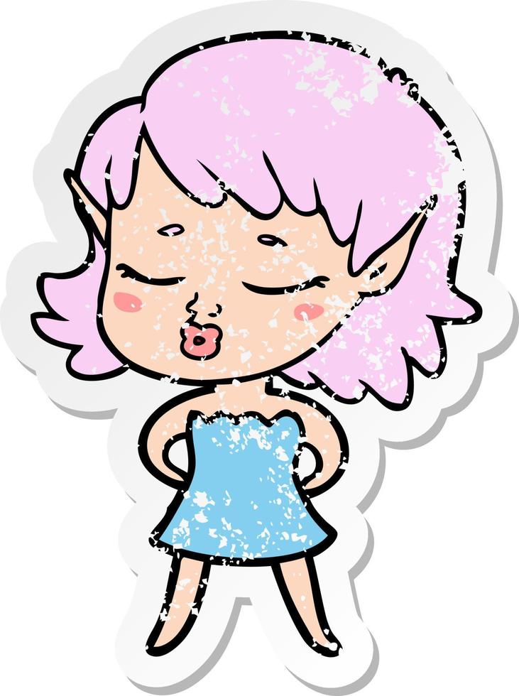 distressed sticker of a pretty cartoon elf girl vector