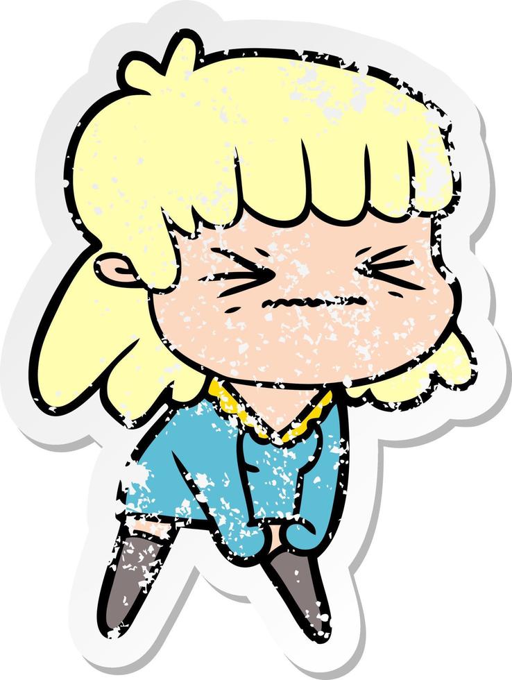 distressed sticker of a cartoon angry girl vector