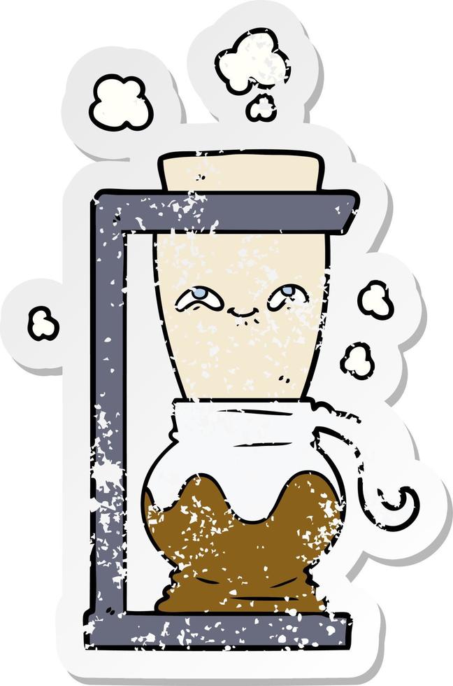 distressed sticker of a happy cartoon coffee pot vector