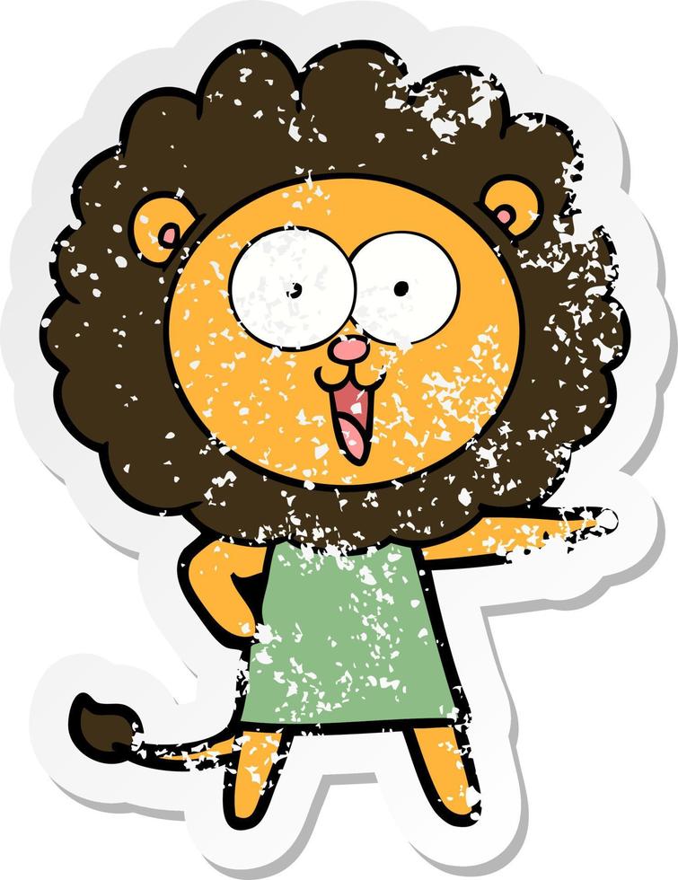 distressed sticker of a happy cartoon lion vector