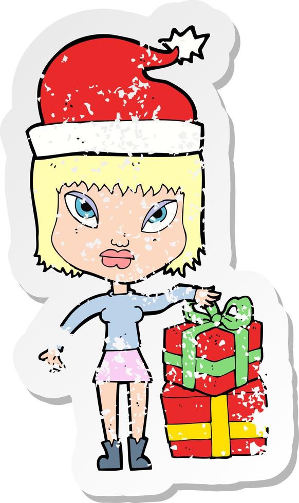 retro distressed sticker of a cartoon woman with present vector