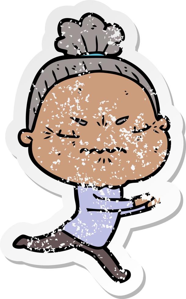distressed sticker of a cartoon annoyed old lady vector