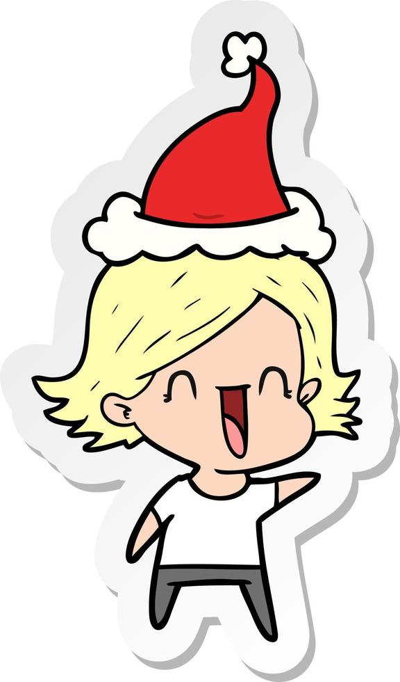 sticker cartoon of a happy woman wearing santa hat vector