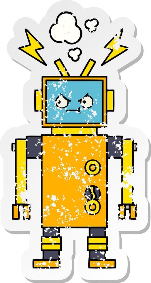 distressed sticker of a cute cartoon malfunctioning robot vector