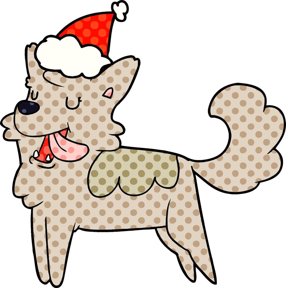 comic book style illustration of a happy dog wearing santa hat vector