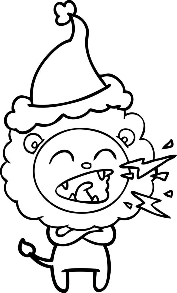 line drawing of a roaring lion wearing santa hat vector