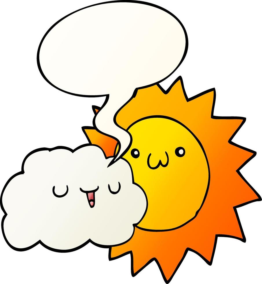 cartoon sun and cloud and speech bubble in smooth gradient style vector