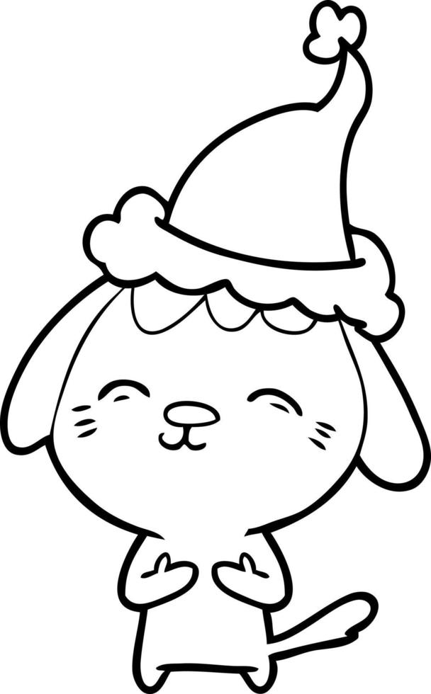happy line drawing of a dog wearing santa hat vector