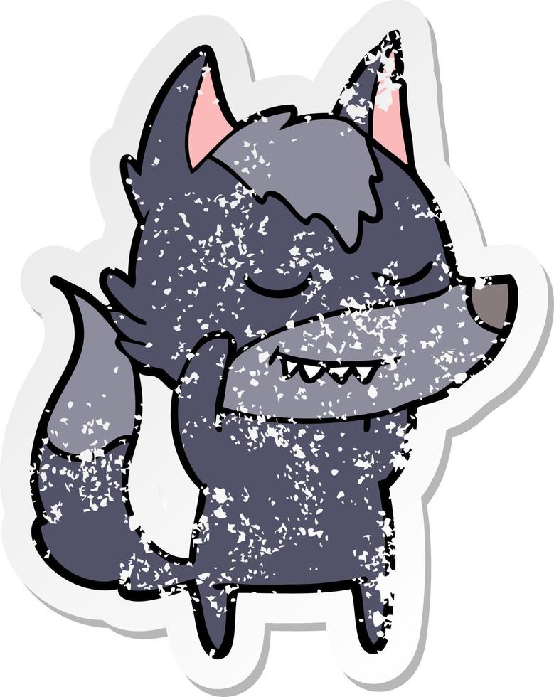 distressed sticker of a friendly cartoon wolf vector