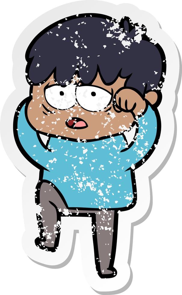 distressed sticker of a cartoon exhausted boy vector