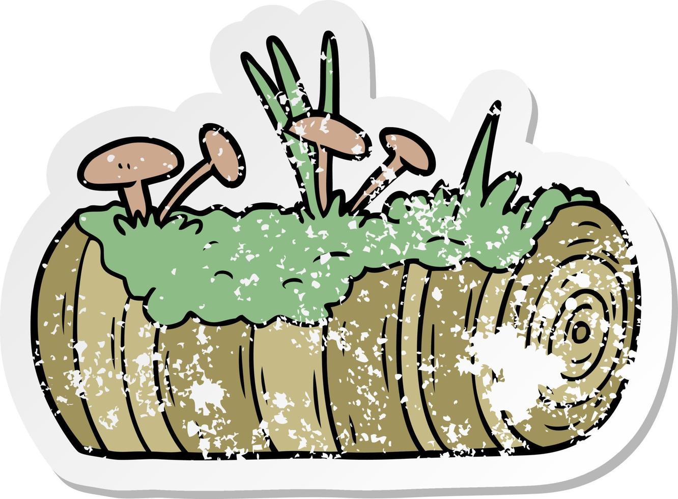 distressed sticker of a cartoon old log with mushrooms vector