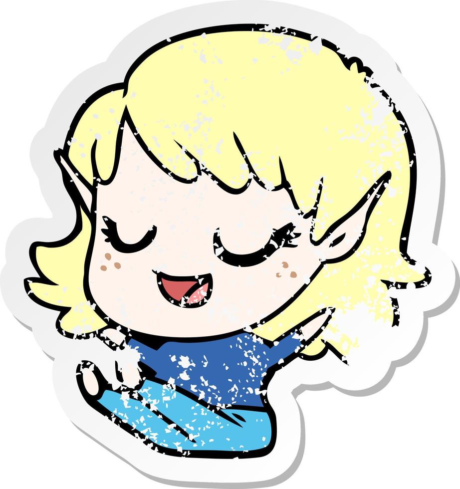 distressed sticker of a happy cartoon elf girl sitting vector